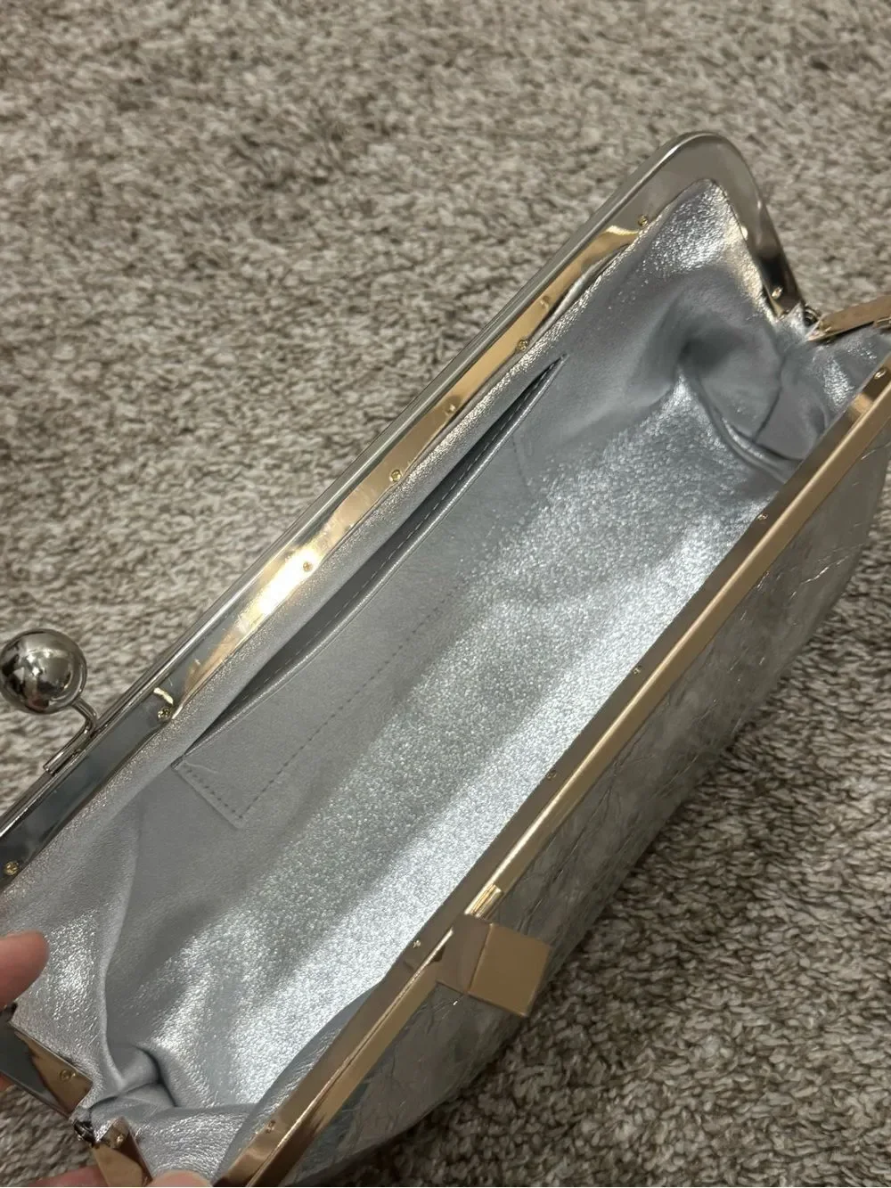 Silver Wrinkled Leather Handmade Unique Kisslock Frame Bag, Large Size Clutch